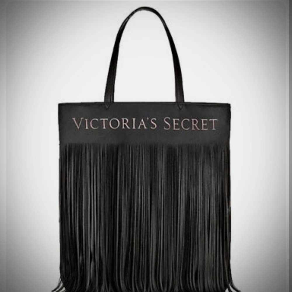 Victoria's Secret Limited Edition Black Boho Faux Leather Fringe Tote